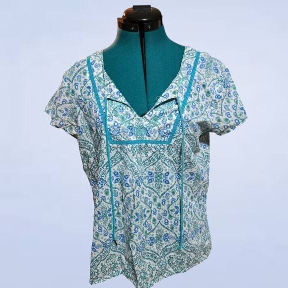 PrAna Blue Paisley Organic Cotton Pheasant Blouse -‎ Size Large
